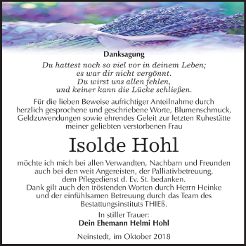 Traueranzeige von Isolde Hohl von Mitteldeutsche Zeitung