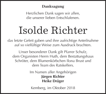 Traueranzeige von Isolde Richter von WVG - Wochenspiegel Bitterfeld
