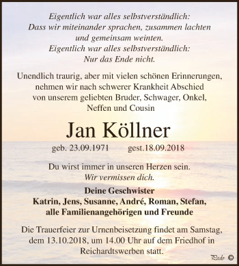 Traueranzeige von Jan Köllner von WVG - Wochenspiegel NMB / WSF / ZTZ