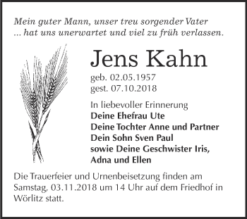 Traueranzeige von Jens Kahn von Super Sonntag Wittenberg