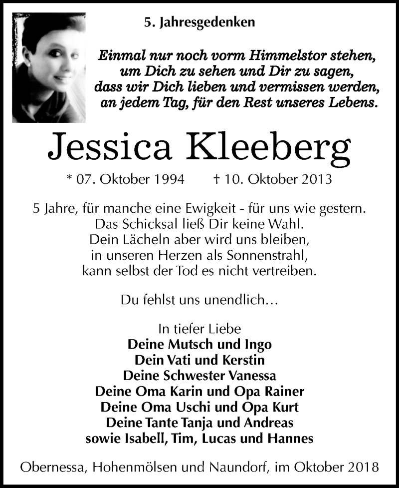  Traueranzeige für Jessica Kleeberg vom 10.10.2018 aus Mitteldeutsche Zeitung