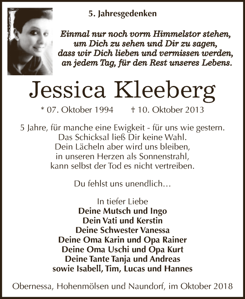  Traueranzeige für Jessica Kleeberg vom 10.10.2018 aus WVG - Wochenspiegel NMB / WSF / ZTZ