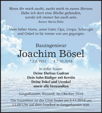 Traueranzeige von Joachim Bösel von Mitteldeutsche Zeitung Sangerhausen
