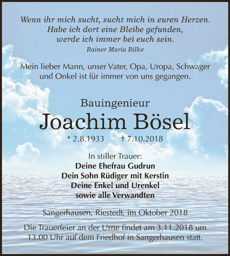  Traueranzeige für Joachim Bösel vom 27.10.2018 aus Super Sonntag SGH Mansf. Land
