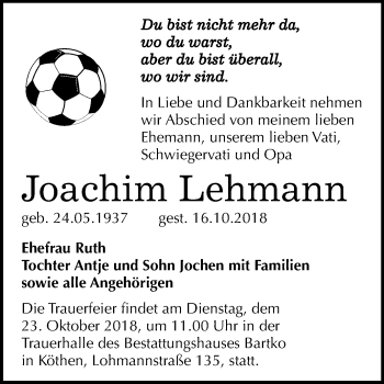 Traueranzeige von Joachim Lehmann von Mitteldeutsche Zeitung Köthen