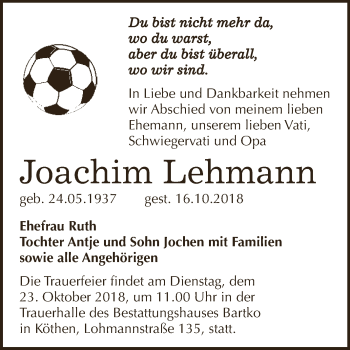 Traueranzeige von Joachim Lehmann von WVG - Wochenspiegel Dessau / Köthen
