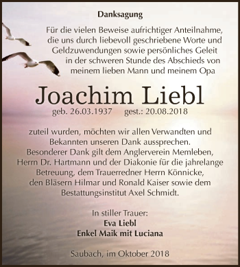 Traueranzeige von Joachim Liebl von WVG - Wochenspiegel NMB / WSF / ZTZ