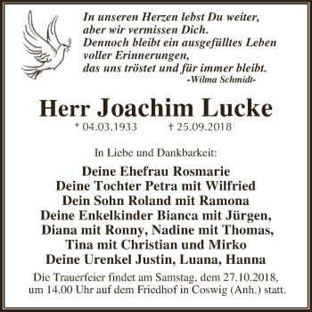 Traueranzeige von Joachim Lucke von WVG - Wochenspiegel Dessau / Köthen