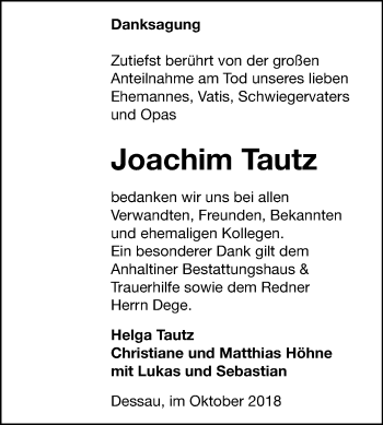 Traueranzeige von Joachim Tautz von Mitteldeutsche Zeitung Dessau-Roßlau