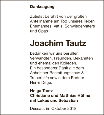 Traueranzeige von Joachim Tautz von WVG - Wochenspiegel Dessau / Köthen