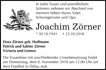 Traueranzeige von Joachim Zörner von Mitteldeutsche Zeitung Halle/Saalkreis