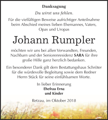 Traueranzeige von Johann Rumpler von WVG - Wochenspiegel Bitterfeld