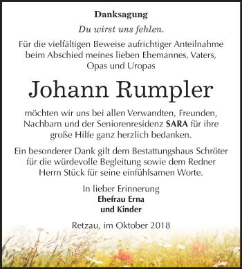 Traueranzeige von Johann Rumpler von Mitteldeutsche Zeitung Bitterfeld