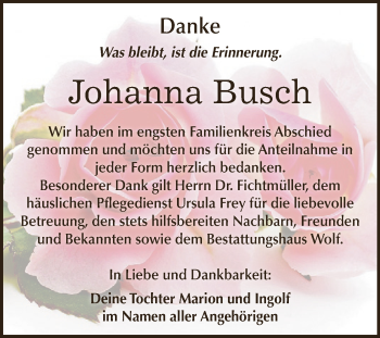 Traueranzeige von Johanna Busch von WVG - Wochenspiegel NMB / WSF / ZTZ