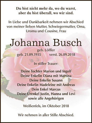 Traueranzeige von Johanna Busch von WVG - Wochenspiegel NMB / WSF / ZTZ