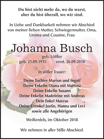 Traueranzeige von Johanna Busch von Mitteldeutsche Zeitung Weißenfels