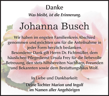 Traueranzeige von Johanna Busch von Mitteldeutsche Zeitung Weißenfels