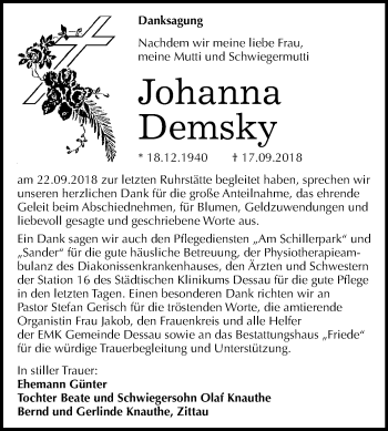 Traueranzeige von Johanna Demsky von Mitteldeutsche Zeitung Dessau-Roßlau