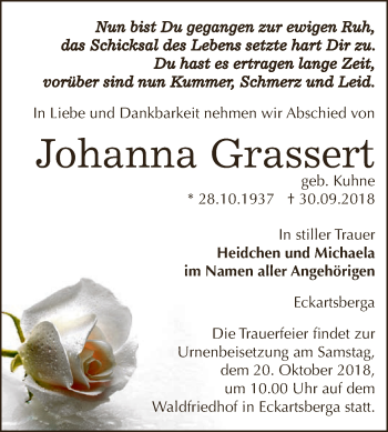 Traueranzeige von Johanna Grassert von WVG - Wochenspiegel NMB / WSF / ZTZ