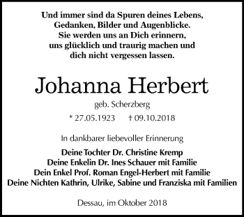 Traueranzeige von Johanna Herbert von Mitteldeutsche Zeitung Dessau-Roßlau