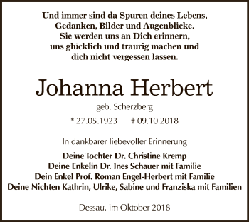 Traueranzeige von Johanna Herbert von WVG - Wochenspiegel Dessau / Köthen