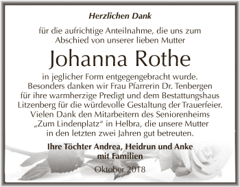 Traueranzeige von Johanna Rothe von Wochenspiegel Mansfelder Land