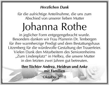 Traueranzeige von Johanna Rothe von Mitteldeutsche Zeitung
