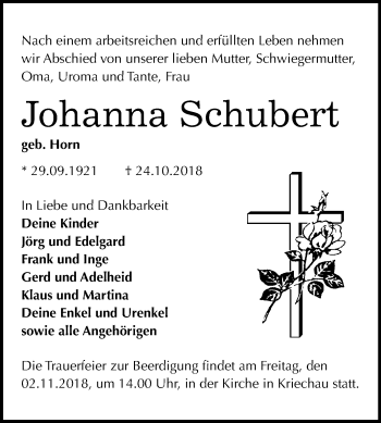 Traueranzeige von Johanna Schubert von Mitteldeutsche Zeitung Weißenfels