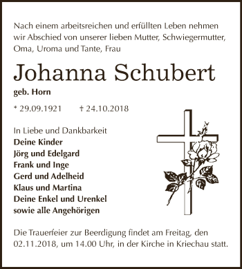 Traueranzeige von Johanna Schubert von WVG - Wochenspiegel NMB / WSF / ZTZ