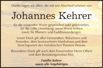 Traueranzeige von Johannes Kehrer von WVG - Wochenspiegel Dessau / Köthen