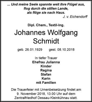 Traueranzeige von Johannes Wolfgang Schmidt von Mitteldeutsche Zeitung Dessau-Roßlau