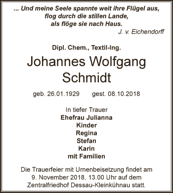 Traueranzeige von Johannes Wolfgang Schmidt von WVG - Wochenspiegel Dessau / Köthen