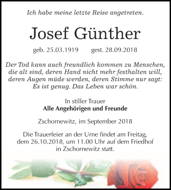 Traueranzeige von Josef Günther von WVG - Wochenspiegel Wittenberg