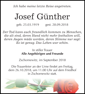Traueranzeige von Josef Günther von Mitteldeutsche Zeitung