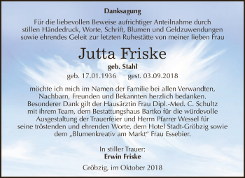 Traueranzeige von Jutta Friske von WVG - Wochenspiegel Dessau / Köthen