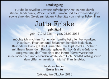Traueranzeige von Jutta Friske von Mitteldeutsche Zeitung Köthen