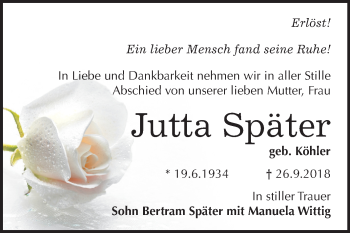 Traueranzeige von Jutta Später von Mitteldeutsche Zeitung Weißenfels