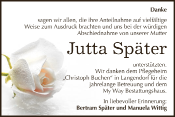 Traueranzeige von Jutta Später von WVG - Wochenspiegel NMB / WSF / ZTZ