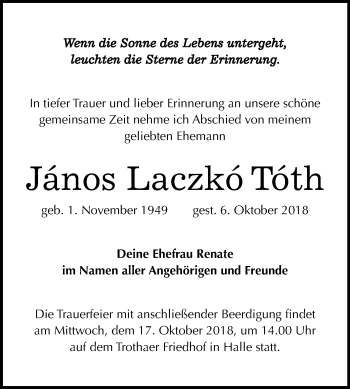 Traueranzeige von János Laczkó Tóth von Mitteldeutsche Zeitung Halle/Saalkreis