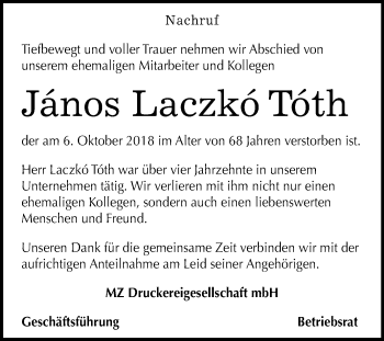 Traueranzeige von János Laczkó Tóth von Mitteldeutsche Zeitung Halle/Saalkreis