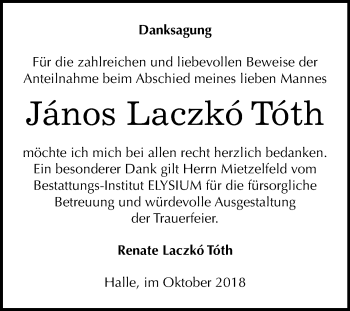 Traueranzeige von János Laczkó Tóth von Mitteldeutsche Zeitung Halle/Saalkreis