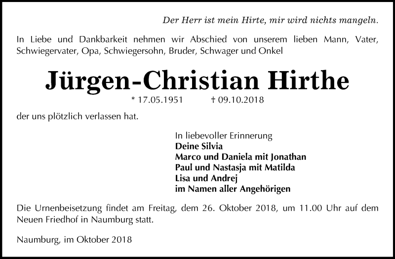  Traueranzeige für Jürgen-Christian Hirthe vom 20.10.2018 aus Mitteldeutsche Zeitung