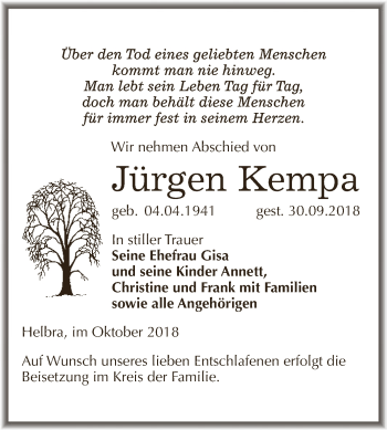 Traueranzeige von Jürgen Kempa von Wochenspiegel Mansfelder Land