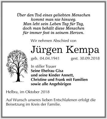 Traueranzeige von Jürgen Kempa von Mitteldeutsche Zeitung