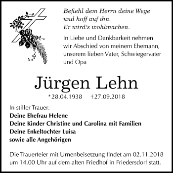 Traueranzeige von Jürgen Lehn von Mitteldeutsche Zeitung Bitterfeld
