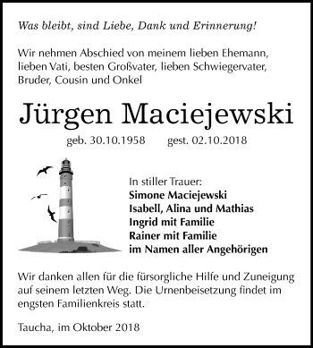 Traueranzeige von Jürgen Maciejewski von Mitteldeutsche Zeitung Weißenfels