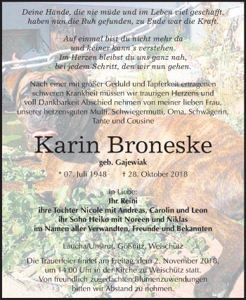 Traueranzeige von Karin Broneske von Mitteldeutsche Zeitung
