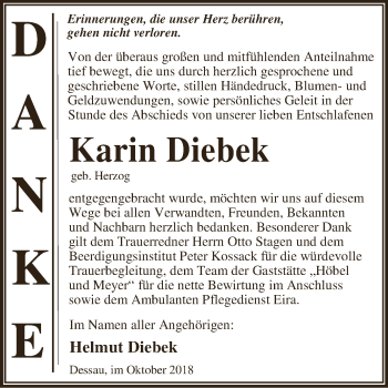 Traueranzeige von Karin Diebek von WVG - Wochenspiegel Dessau / Köthen