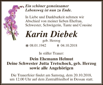Traueranzeige von Karin Diebek von WVG - Wochenspiegel Dessau / Köthen