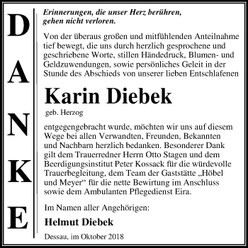 Traueranzeige von Karin Diebek von Mitteldeutsche Zeitung Dessau-Roßlau